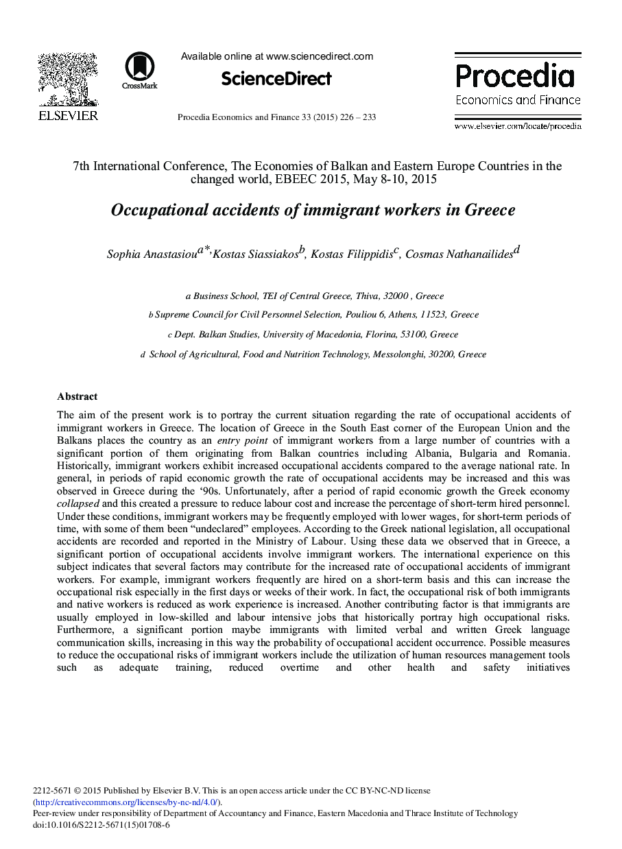Occupational Accidents of Immigrant Workers in Greece 