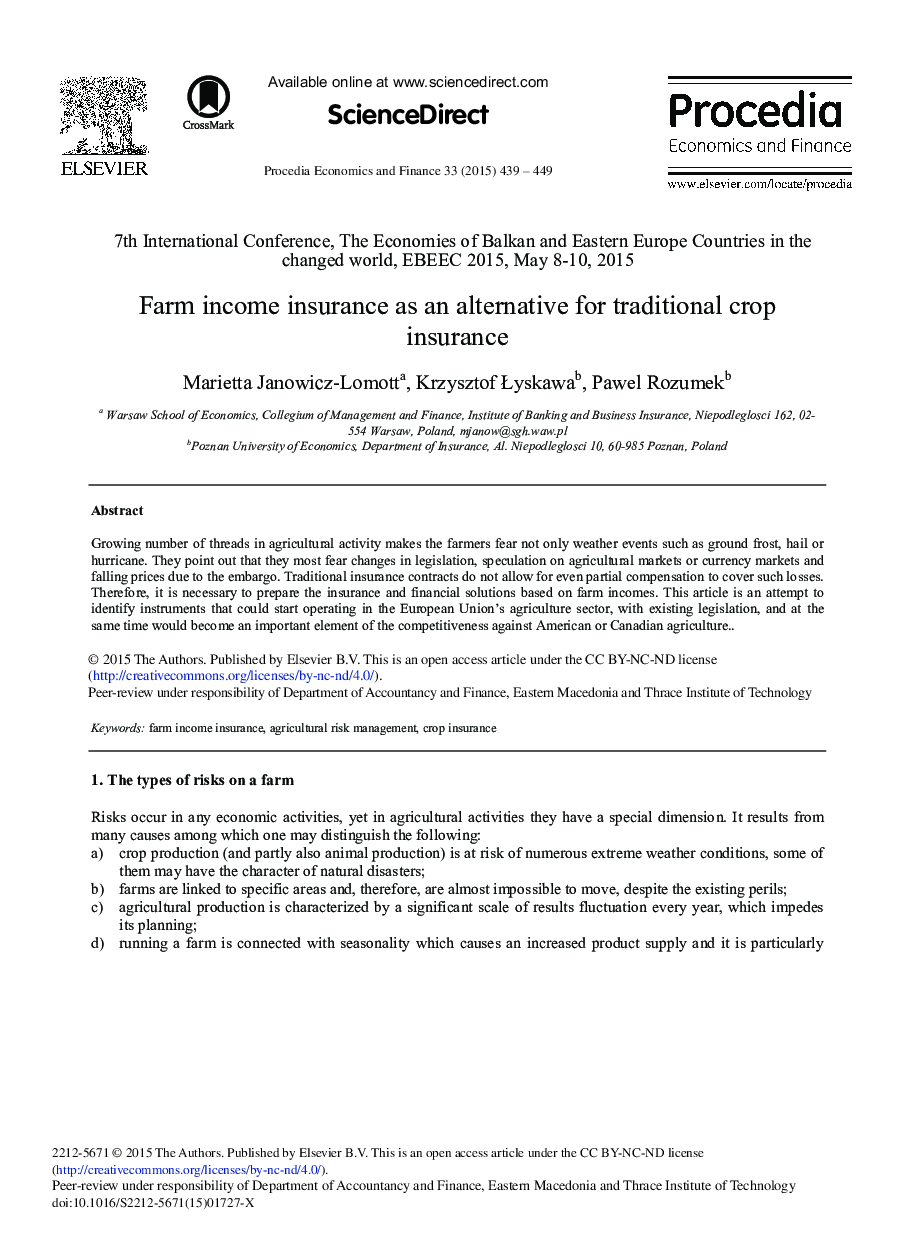 Farm Income Insurance as an Alternative for Traditional Crop Insurance 
