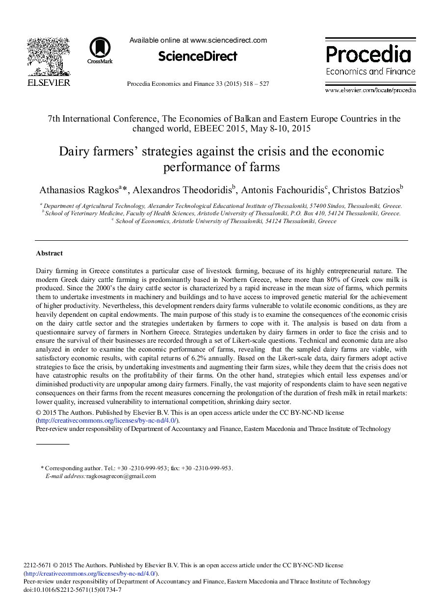 Dairy Farmers’ Strategies against the Crisis and the Economic Performance of Farms 