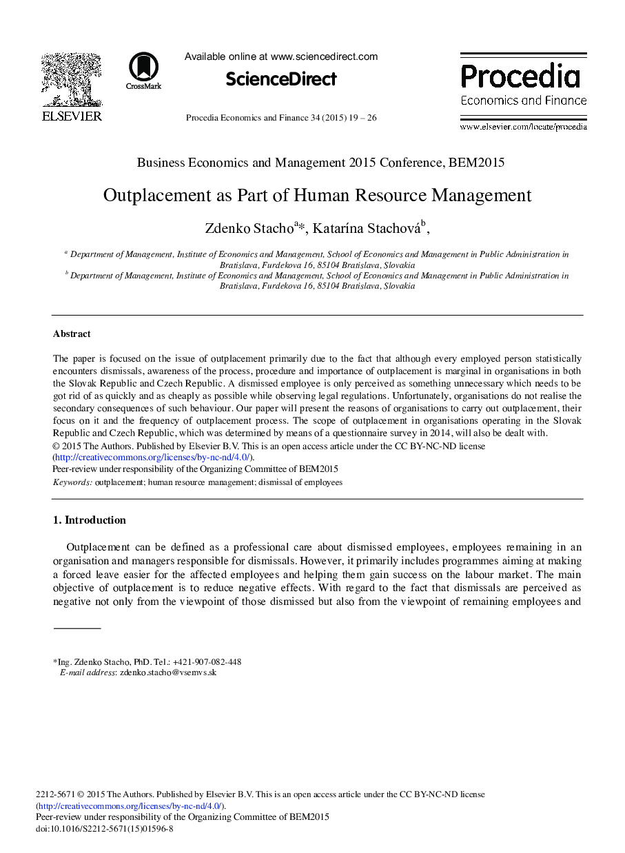 عکس صفحه اول مقاله: Outplacement as Part of Human Resource Management Outplacement as Part of Human Resource Management