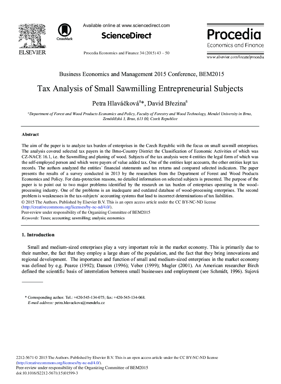 Tax Analysis of Small Sawmilling Entrepreneurial Subjects 