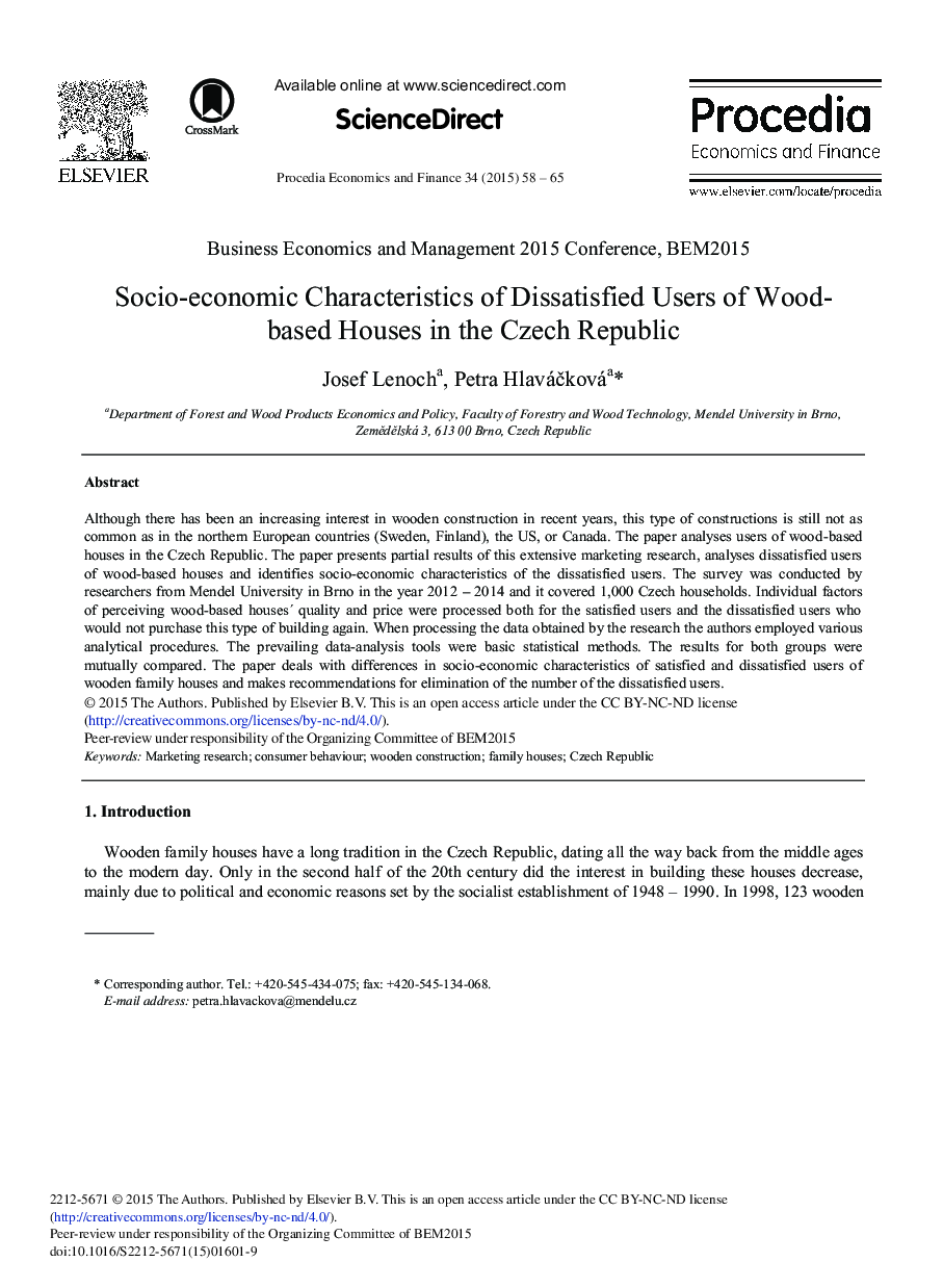 Socio-economic Characteristics of Dissatisfied Users of Wood-based Houses in the Czech Republic 