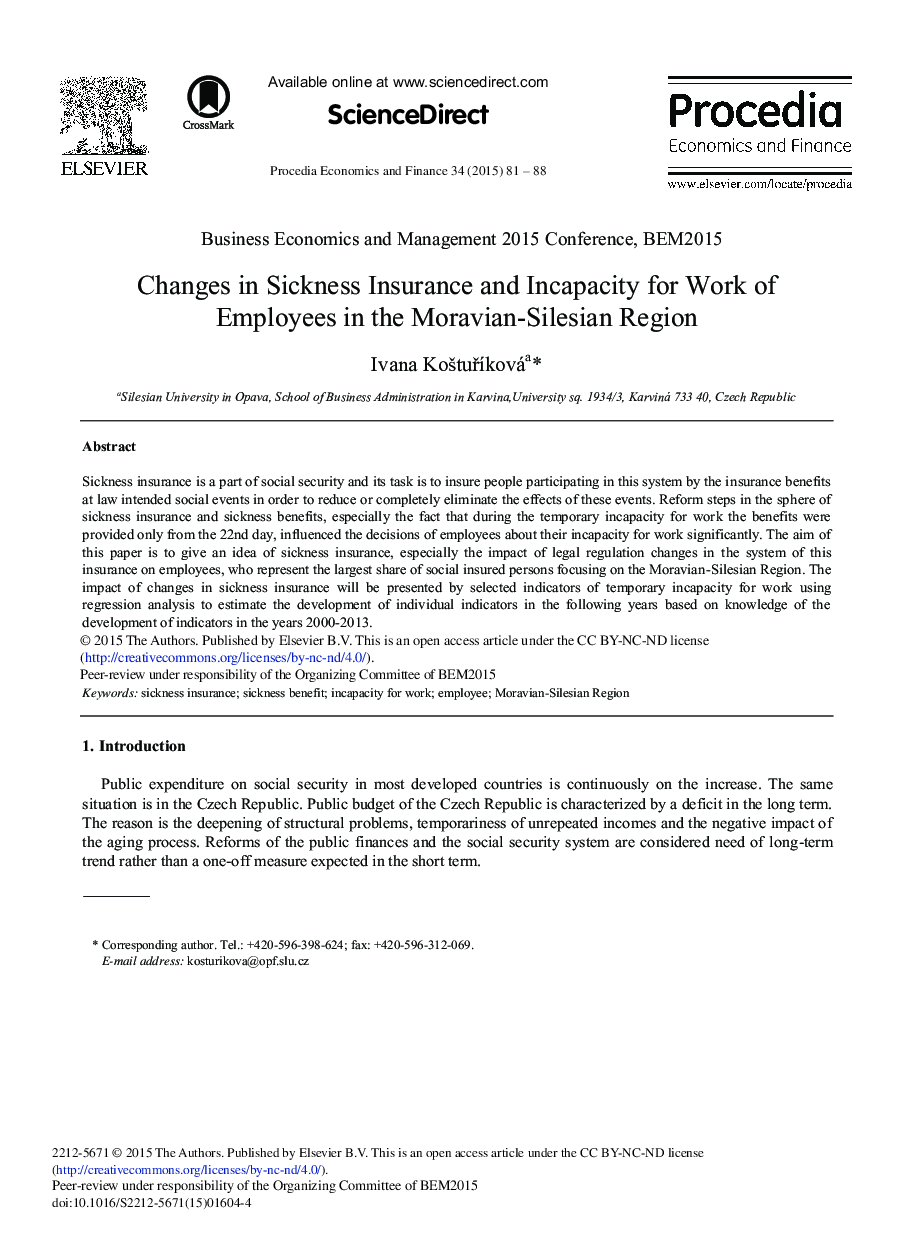 Changes in Sickness Insurance and Incapacity for Work of Employees in the Moravian-Silesian Region 