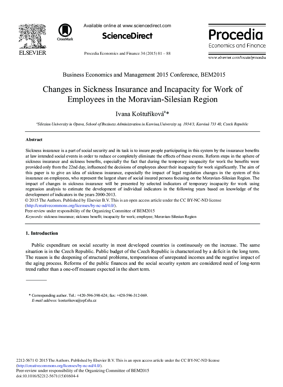 عکس صفحه اول مقاله: Changes in Sickness Insurance and Incapacity for Work of Employees in the Moravian-Silesian Region Changes in Sickness Insurance and Incapacity for Work of Employees in the Moravian-Silesian Region