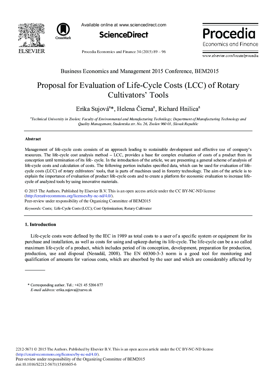 Proposal for Evaluation of Life-cycle Costs (LCC) of Rotary Cultivators’ Tools 