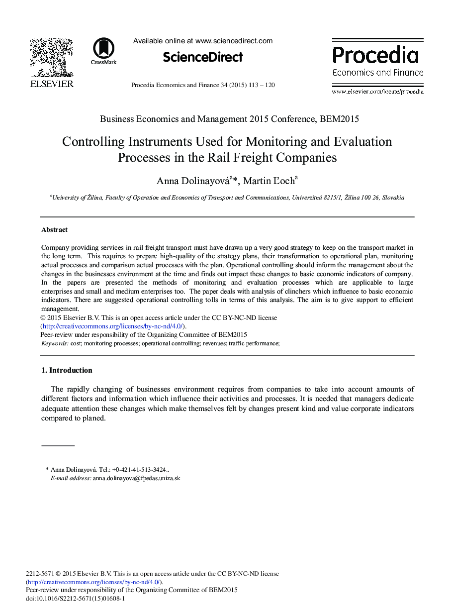 Controlling Instruments Used for Monitoring and Evaluation Processes in the Rail Freight Companies 