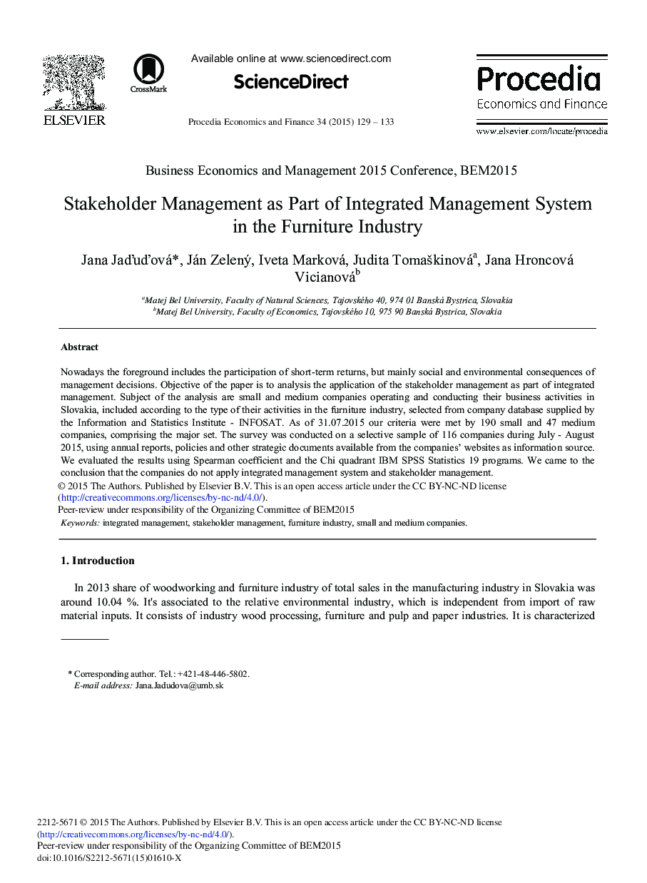 Stakeholder Management as Part of Integrated Management System in the Furniture Industry 