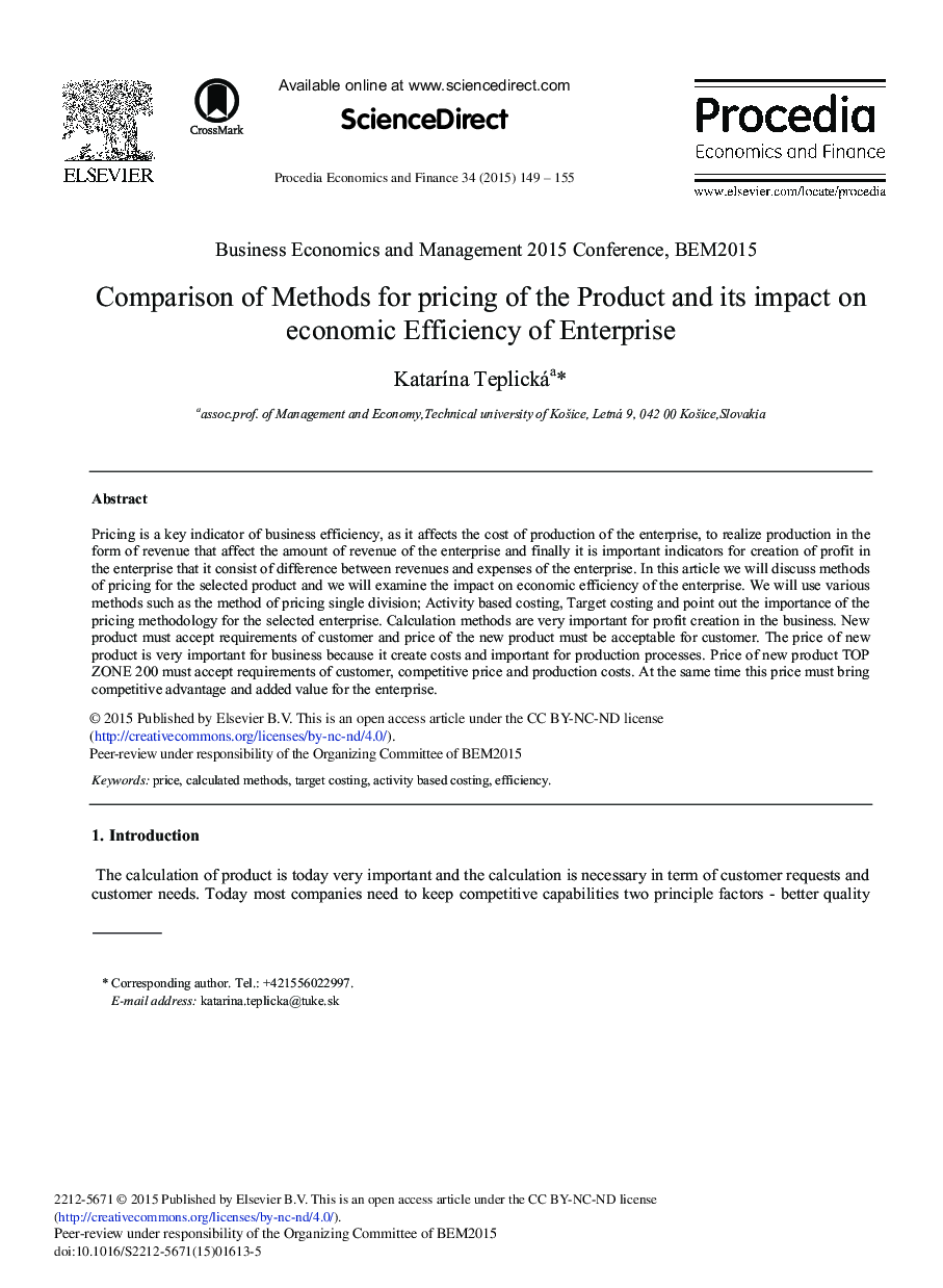 Comparison of Methods for Pricing of the Product and its Impact on Economic Efficiency of Enterprise 