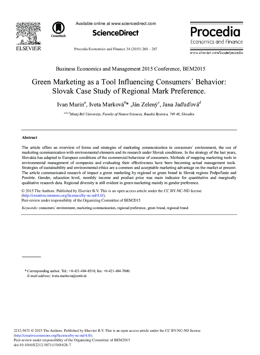 Green Marketing as a Tool Influencing Consumerś Behavior: Slovak Case Study of Regional Mark Preference 