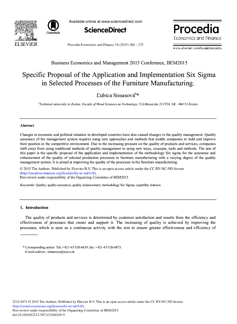 Specific Proposal of the Application and Implementation Six Sigma in Selected Processes of the Furniture Manufacturing 