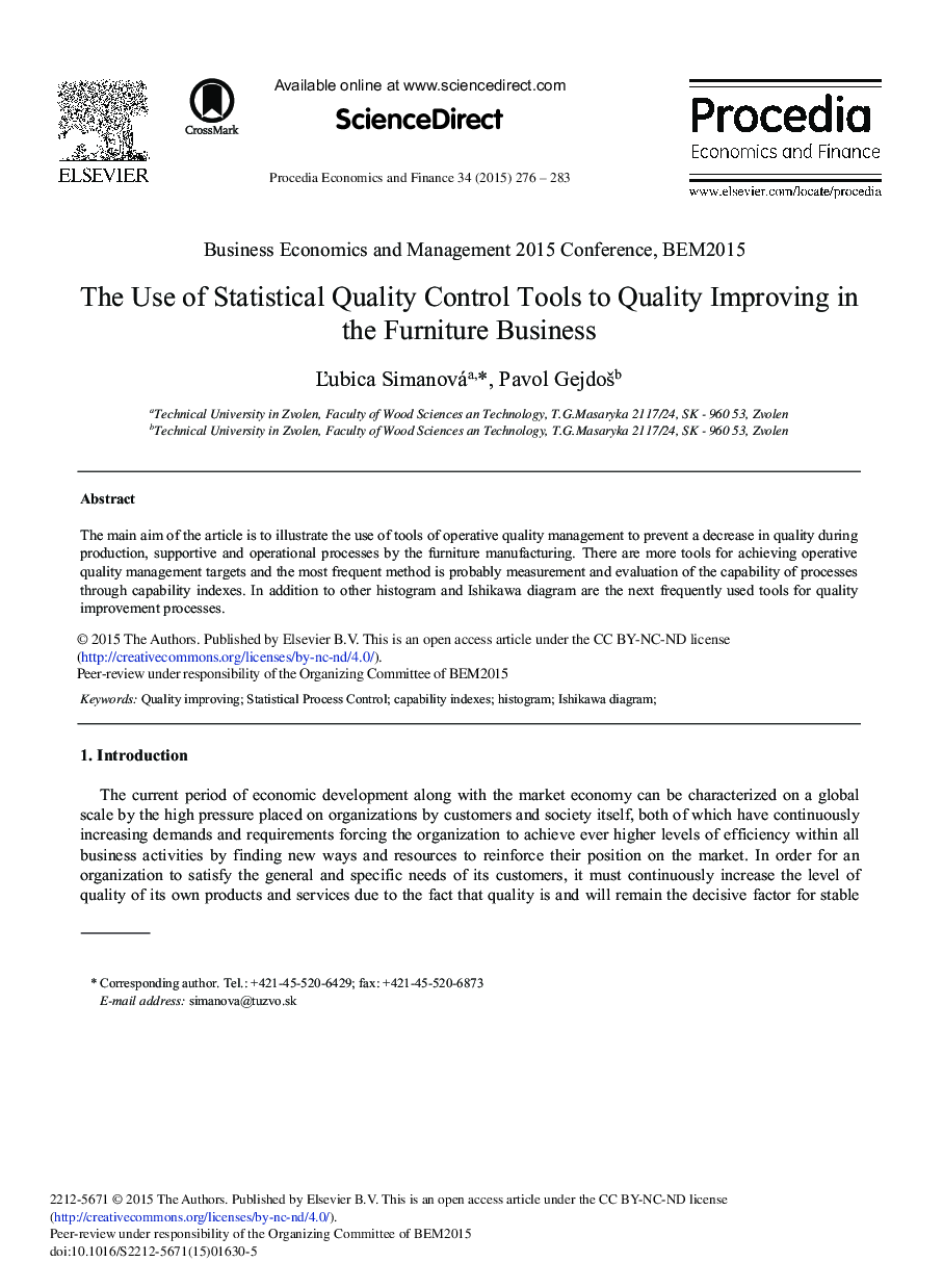 The Use of Statistical Quality Control Tools to Quality Improving in the Furniture Business 