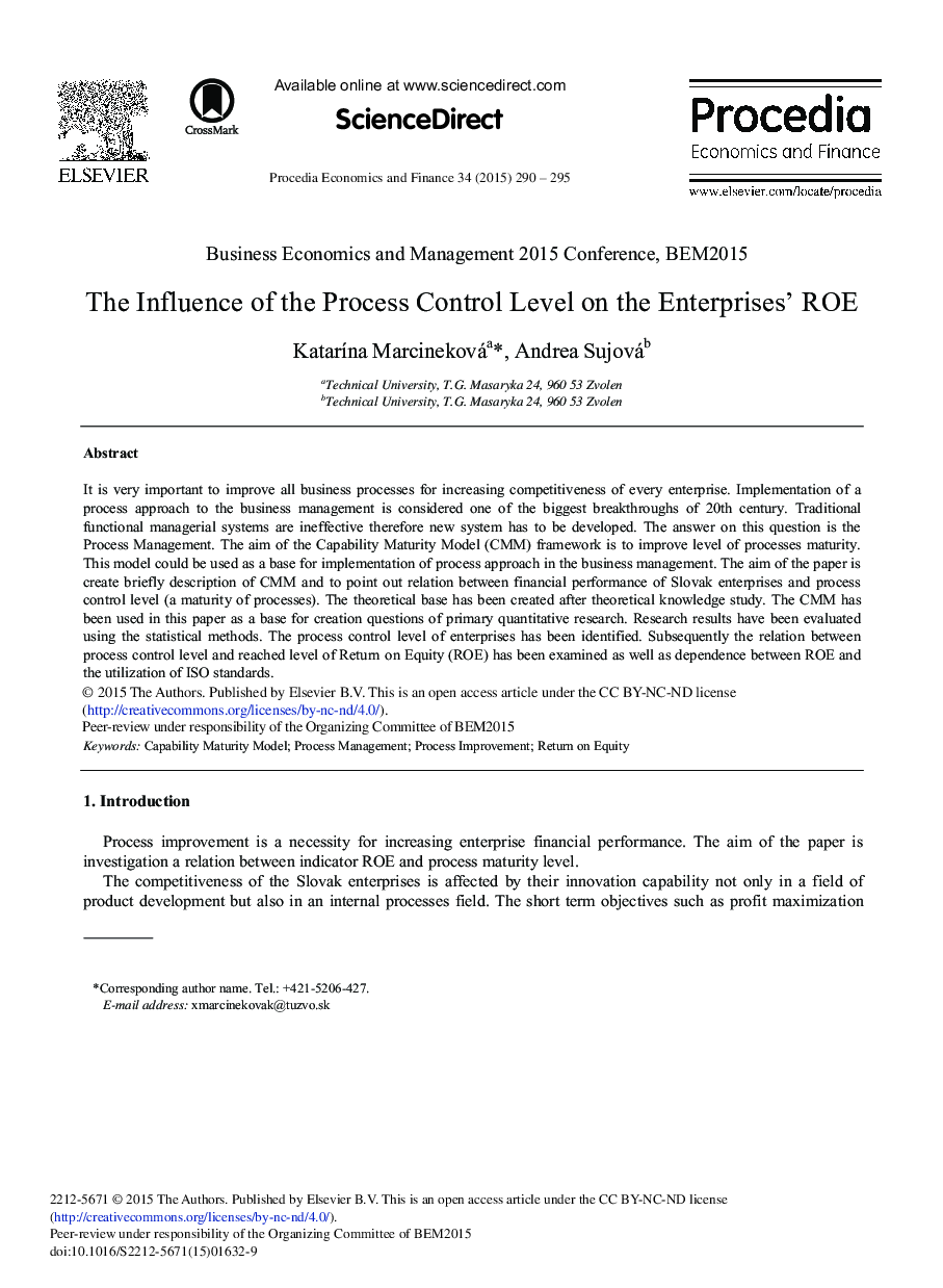 The Influence of the Process Control Level on the Enterprises’ ROE 