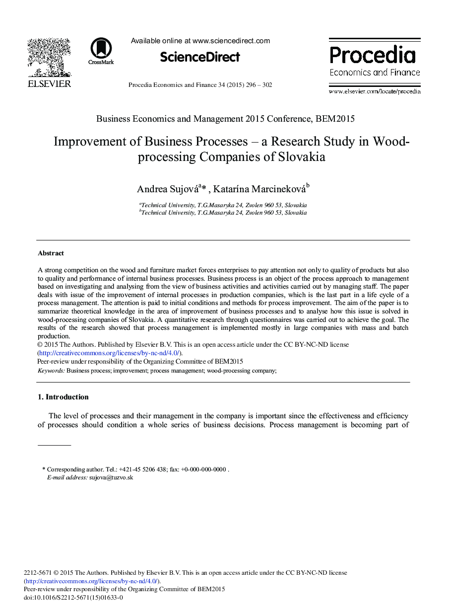 Improvement of Business Processes – A Research Study in Wood-processing Companies of Slovakia 
