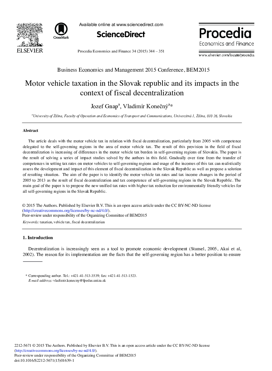 Motor Vehicle Taxation in the Slovak Republic and its Impacts in the Context of Fiscal Decentralization 