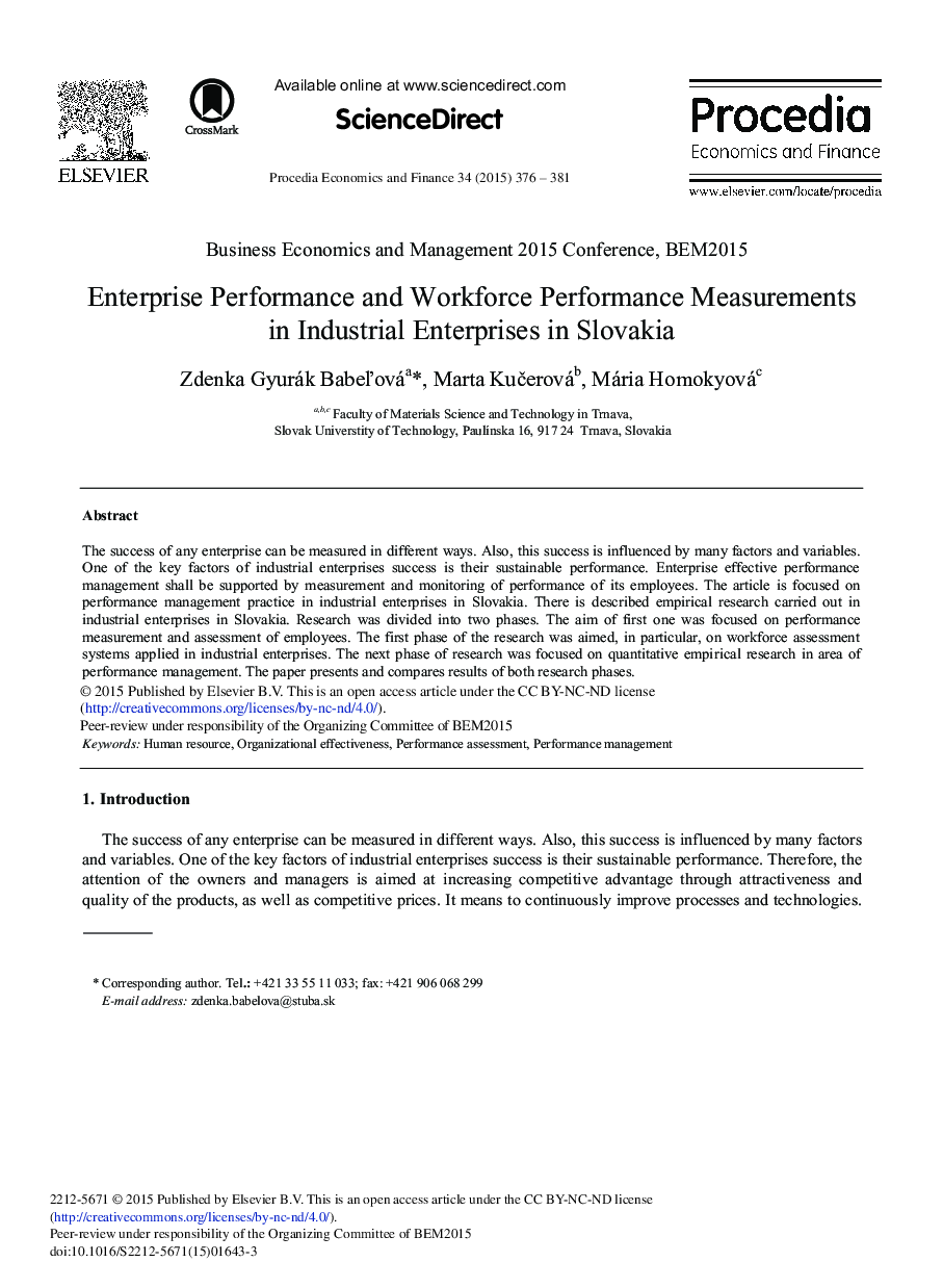 عکس صفحه اول مقاله: Enterprise Performance and Workforce Performance Measurements in Industrial Enterprises in Slovakia Enterprise Performance and Workforce Performance Measurements in Industrial Enterprises in Slovakia