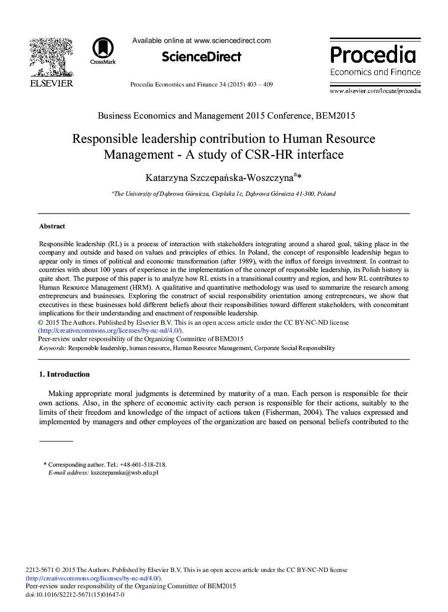 Responsible Leadership Contribution to Human Resource Management - A Study of CSR-HR Interface 