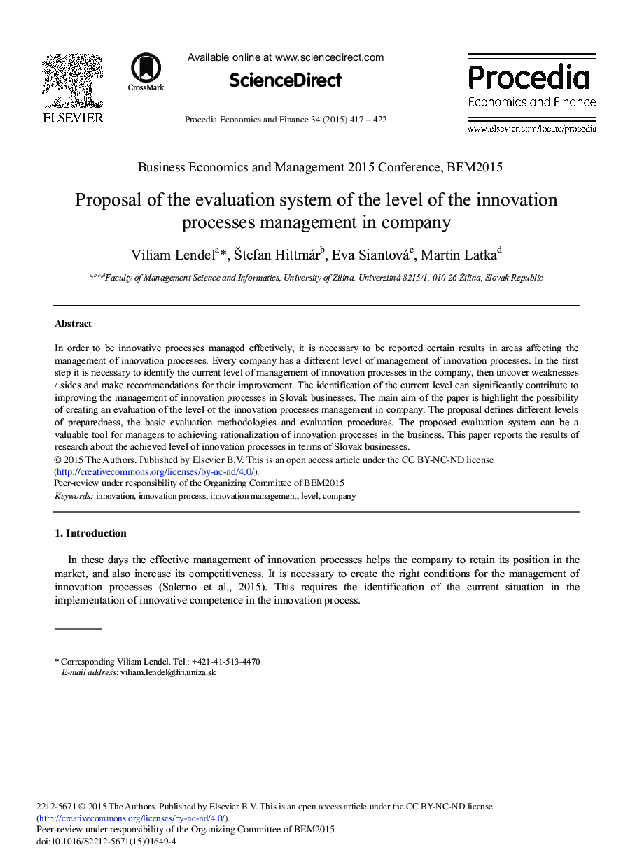 Proposal of the Evaluation System of the Level of the Innovation Processes Management in Company 