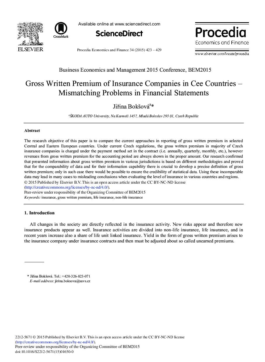 Gross Written Premium of Insurance Companies in Cee Countries – Mismatching Problems in Financial Statements 