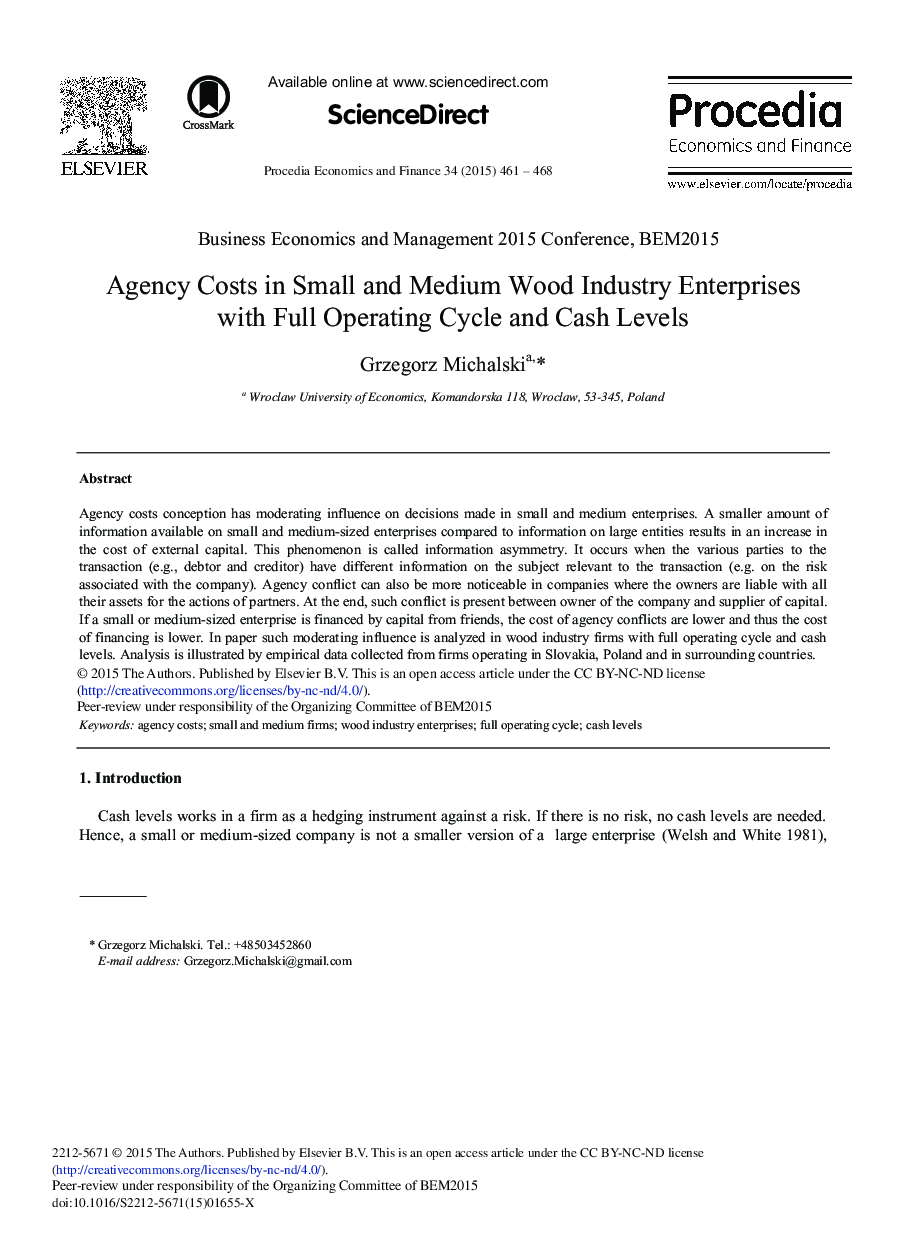 Agency Costs in Small and Medium Wood Industry Enterprises with Full Operating Cycle and Cash Levels 