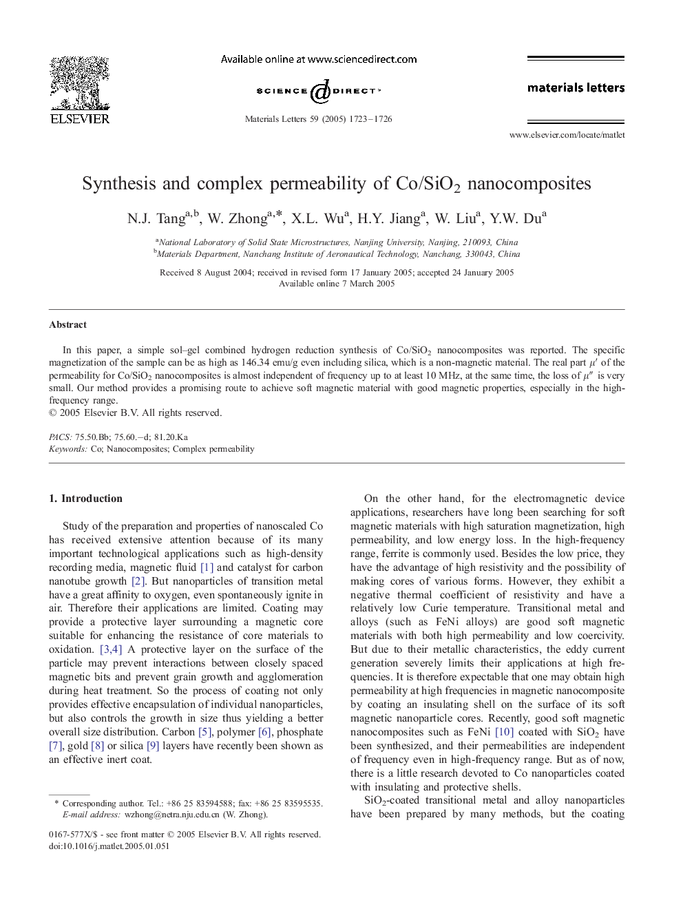 Synthesis and complex permeability of Co/SiO2 nanocomposites