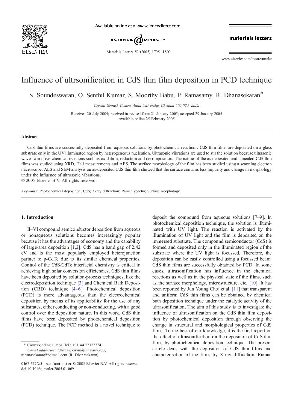 Influence of ultrsonification in CdS thin film deposition in PCD technique