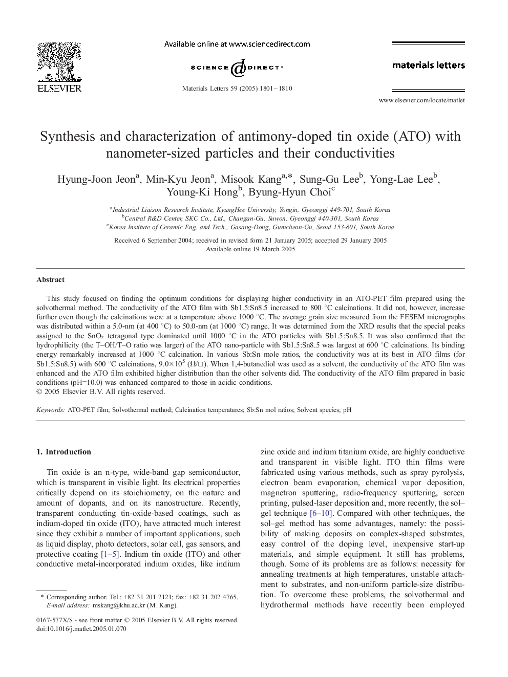 Synthesis and characterization of antimony-doped tin oxide (ATO) with nanometer-sized particles and their conductivities