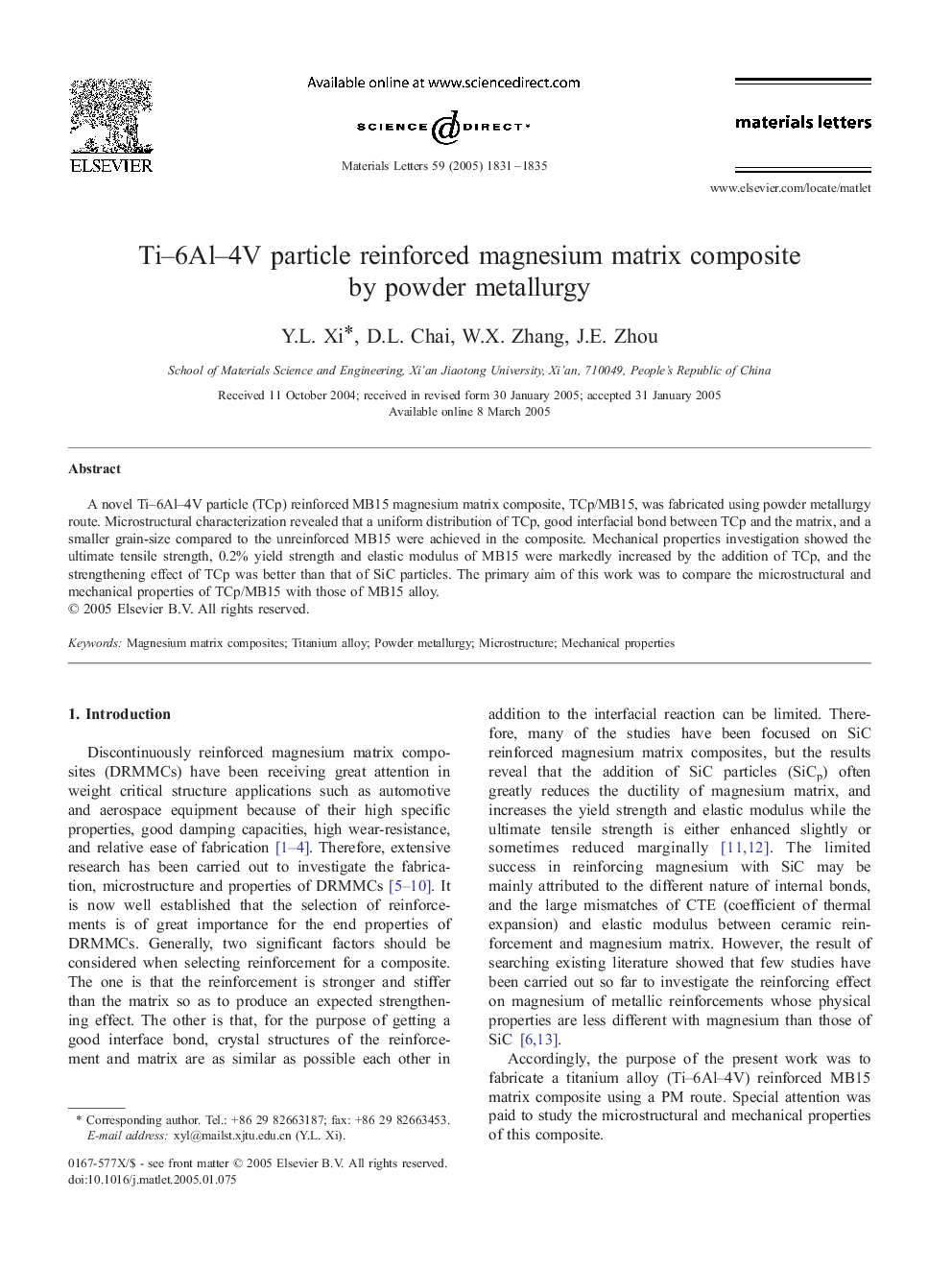 Ti-6Al-4V particle reinforced magnesium matrix composite by powder metallurgy