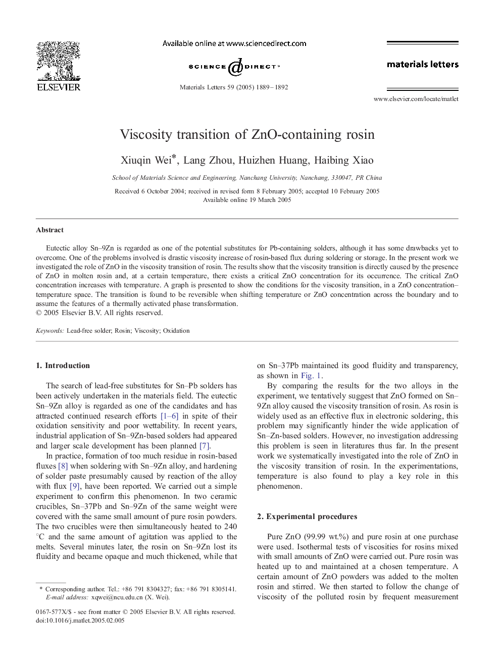 Viscosity transition of ZnO-containing rosin