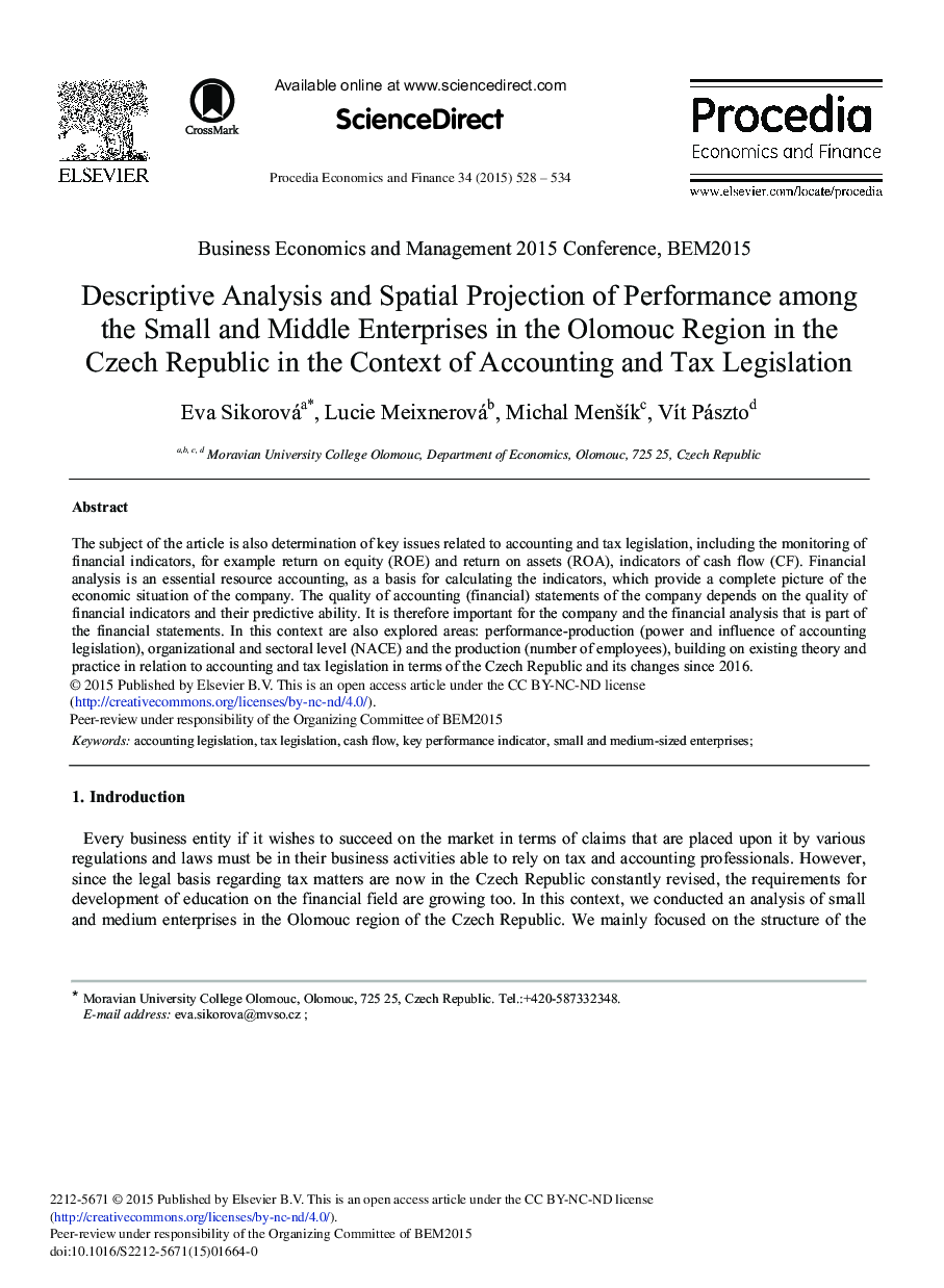 Descriptive Analysis and Spatial Projection of Performance among the Small and Middle Enterprises in the Olomouc Region in the Czech Republic in the Context of Accounting and Tax Legislation 