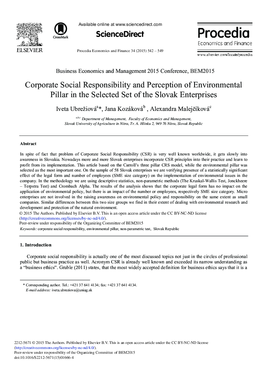 Corporate Social Responsibility and Perception of Environmental Pillar in the Selected Set of the Slovak Enterprises 
