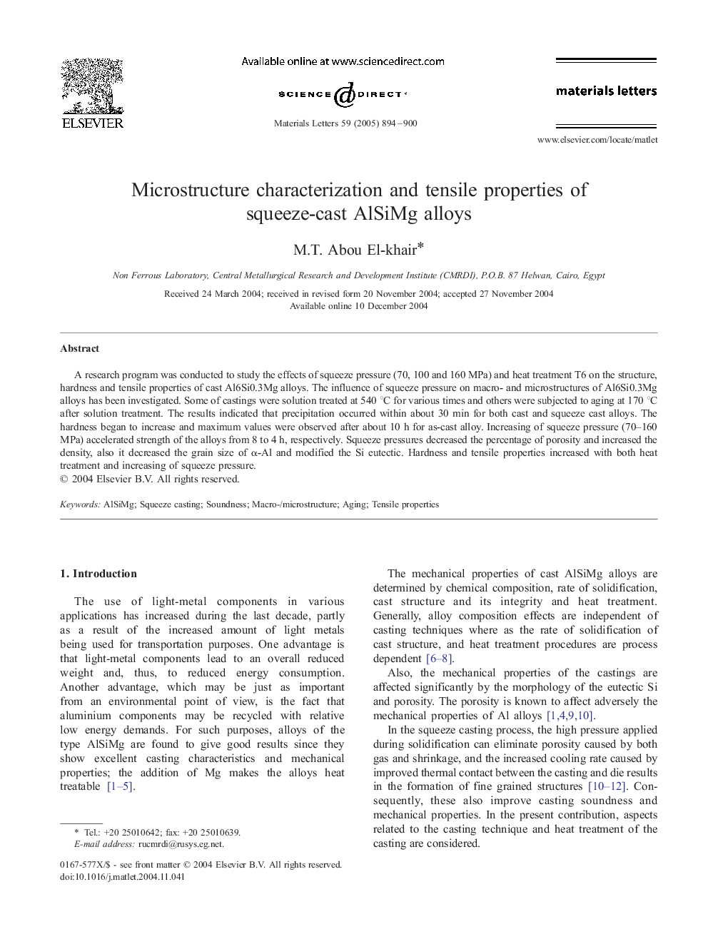 Microstructure characterization and tensile properties of squeeze-cast AlSiMg alloys