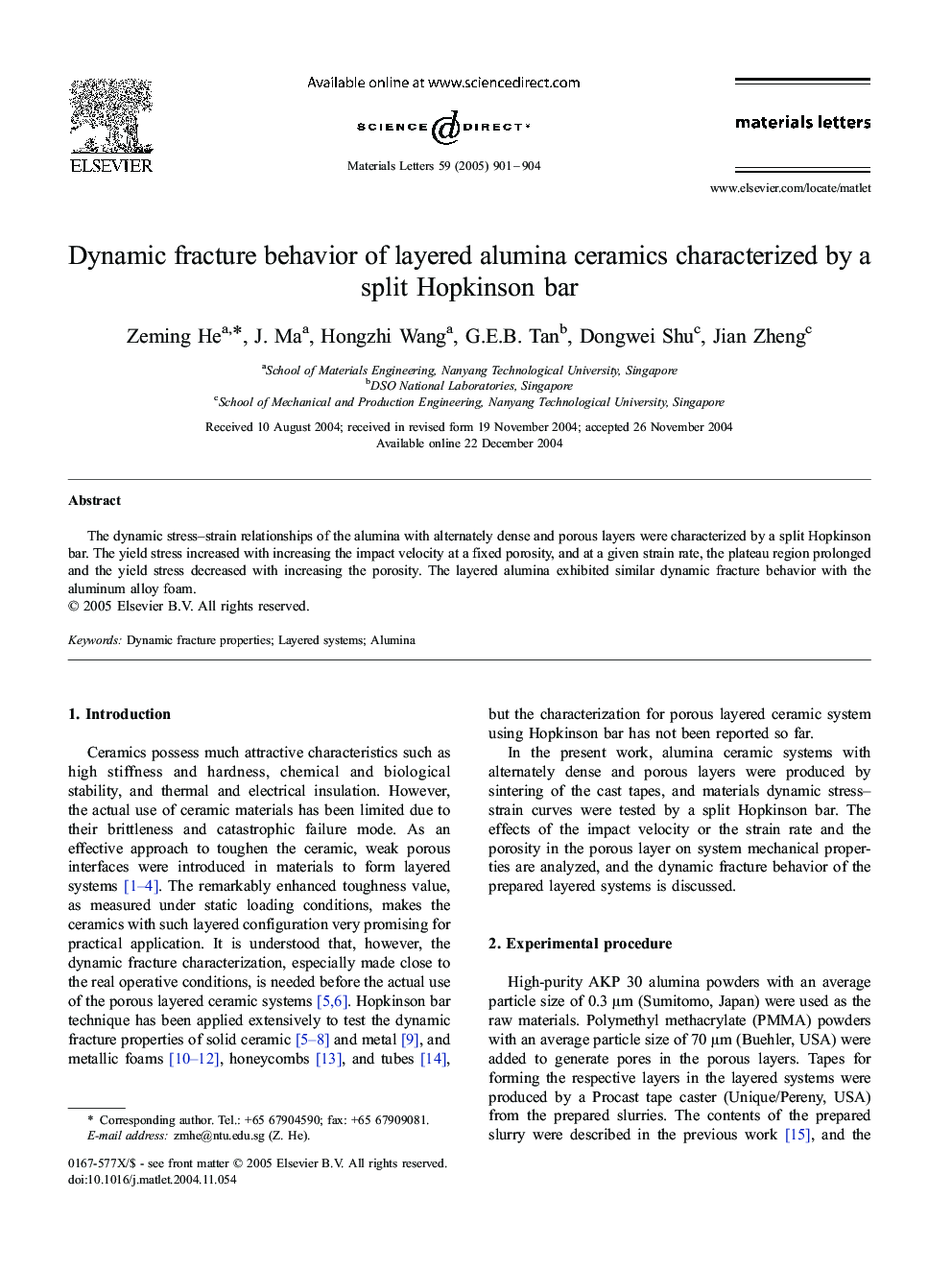 Dynamic fracture behavior of layered alumina ceramics characterized by a split Hopkinson bar