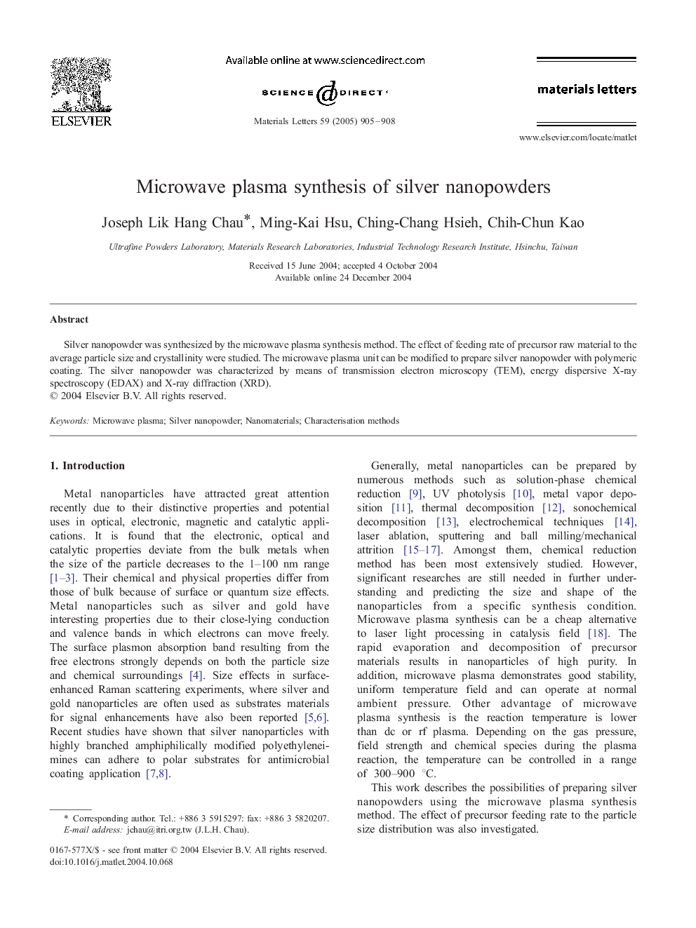 Microwave plasma synthesis of silver nanopowders