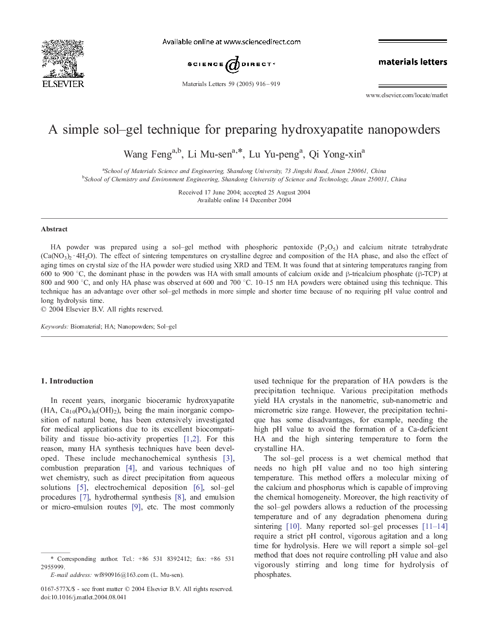 A simple sol-gel technique for preparing hydroxyapatite nanopowders