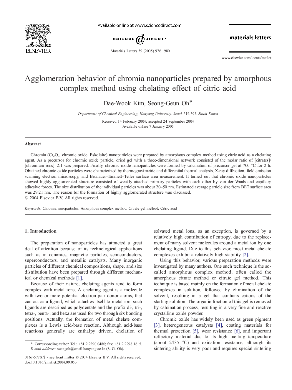 Agglomeration behavior of chromia nanoparticles prepared by amorphous complex method using chelating effect of citric acid