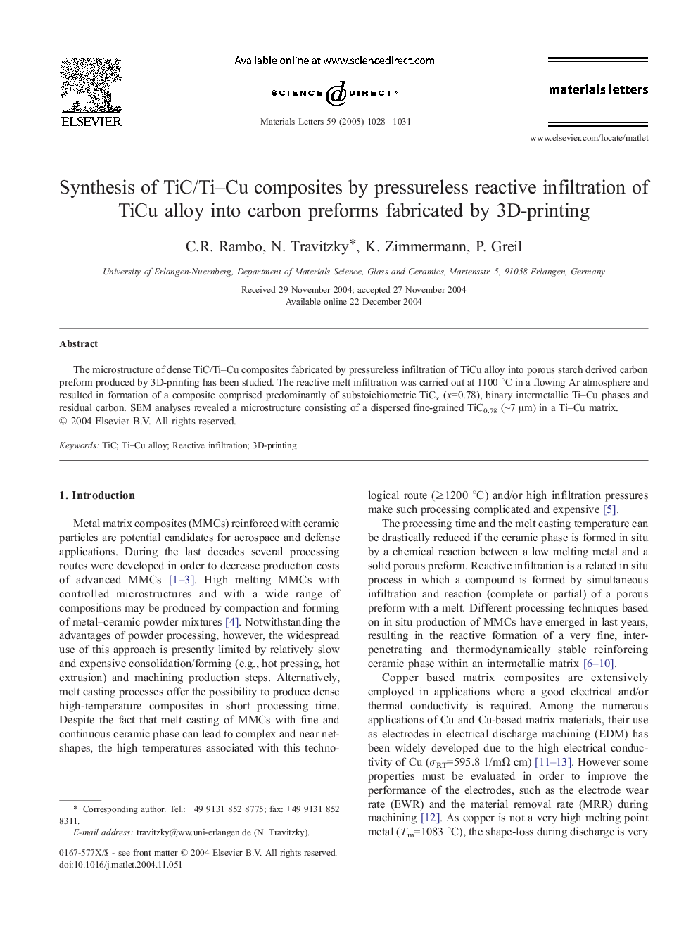 Synthesis of TiC/Ti-Cu composites by pressureless reactive infiltration of TiCu alloy into carbon preforms fabricated by 3D-printing