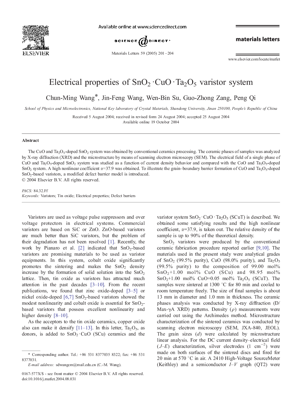 Electrical properties of SnO2Â·CuOÂ·Ta2O5 varistor system