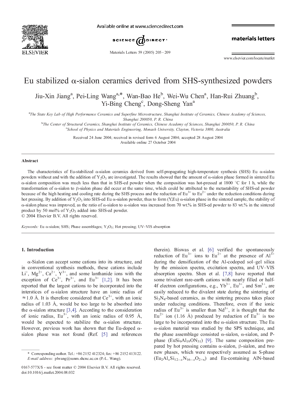 Eu stabilized Î±-sialon ceramics derived from SHS-synthesized powders