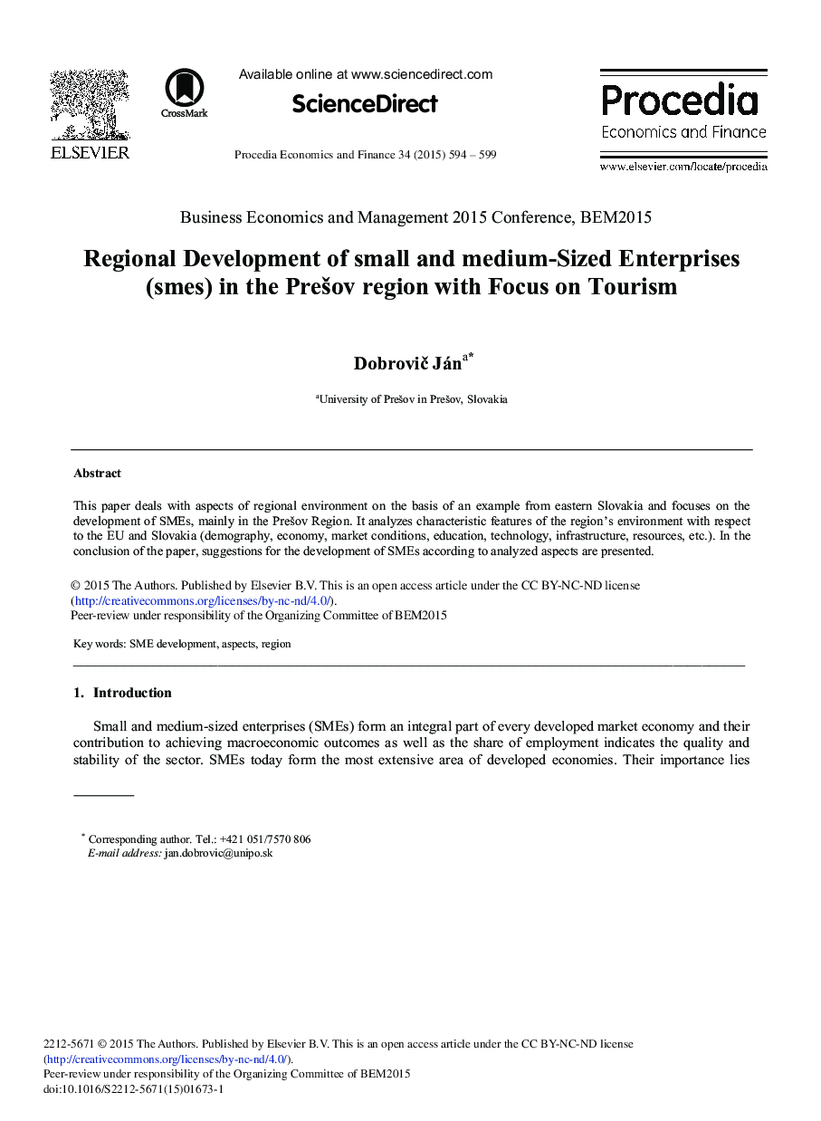 Regional Development of Small and Medium-Sized Enterprises (smes) in the Prešov Region with Focus on Tourism 