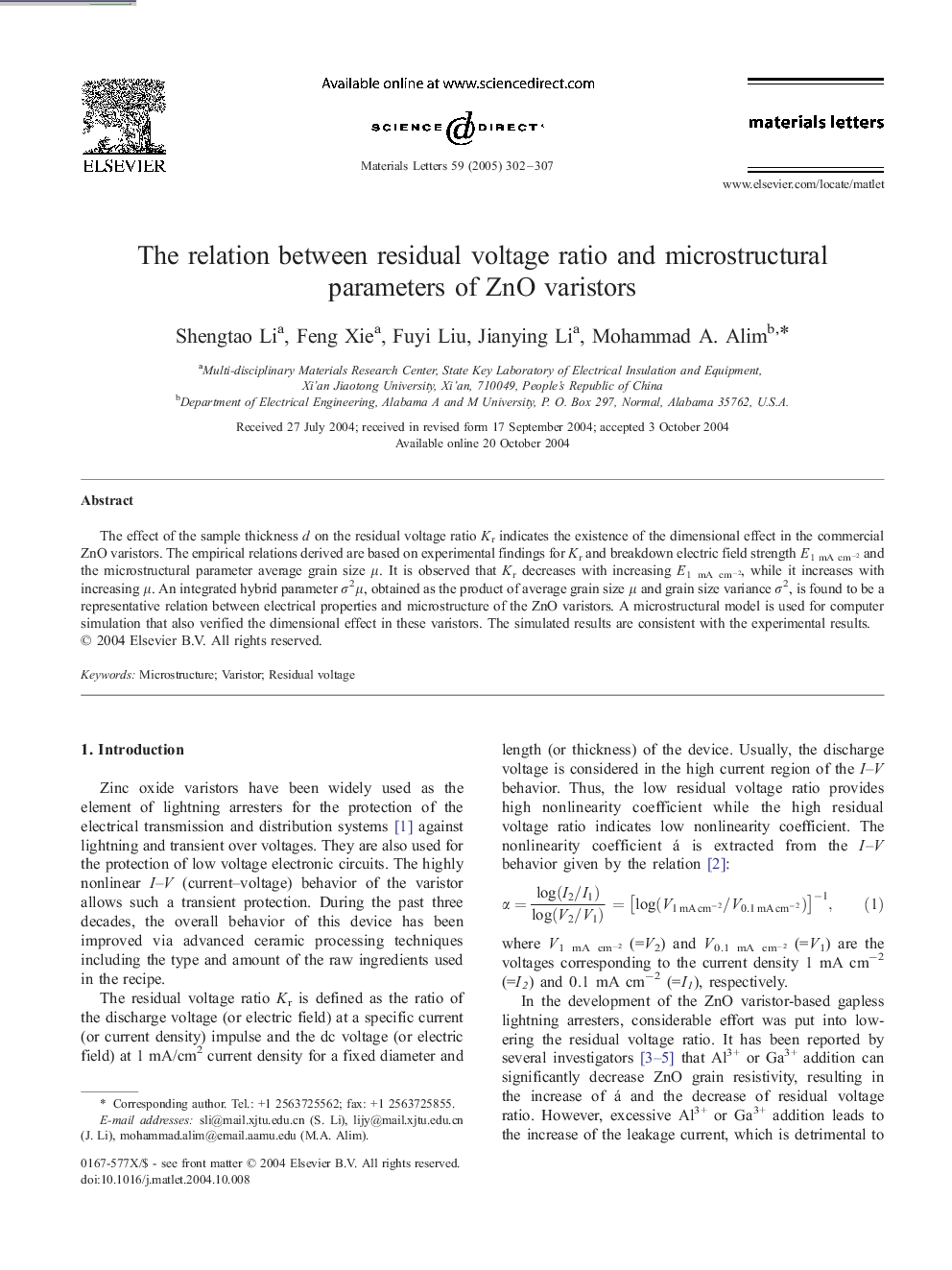 The relation between residual voltage ratio and microstructural parameters of ZnO varistors