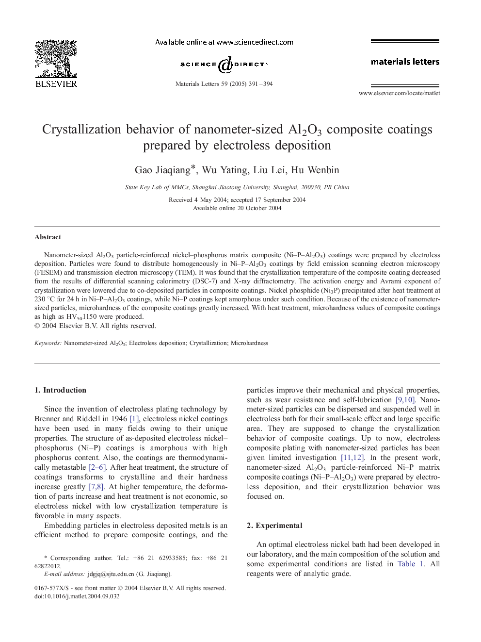 Crystallization behavior of nanometer-sized Al2O3 composite coatings prepared by electroless deposition