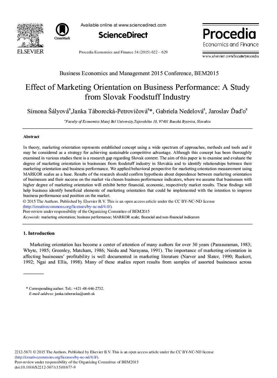 Effect of Marketing Orientation on Business Performance: A Study from Slovak Foodstuff Industry 