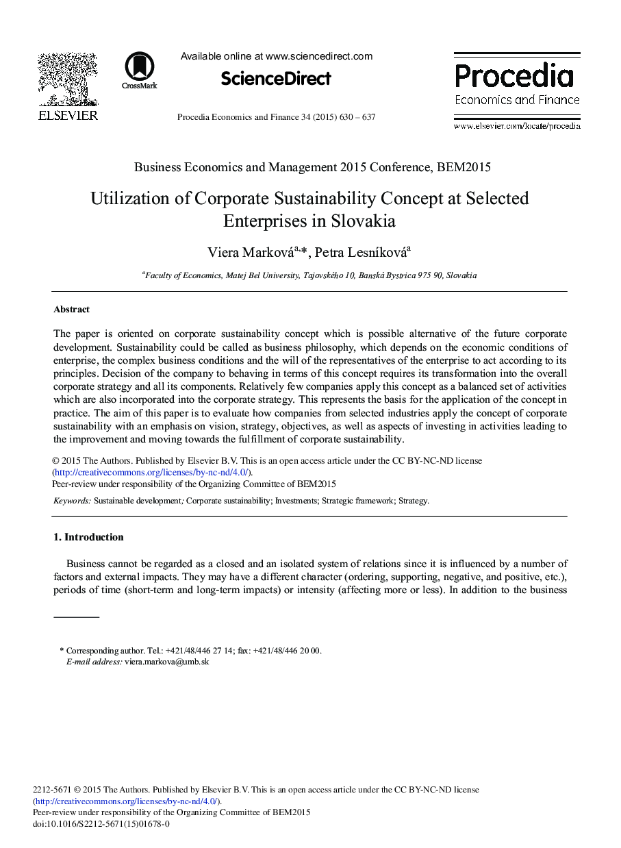 Utilization of Corporate Sustainability Concept at Selected Enterprises in Slovakia 