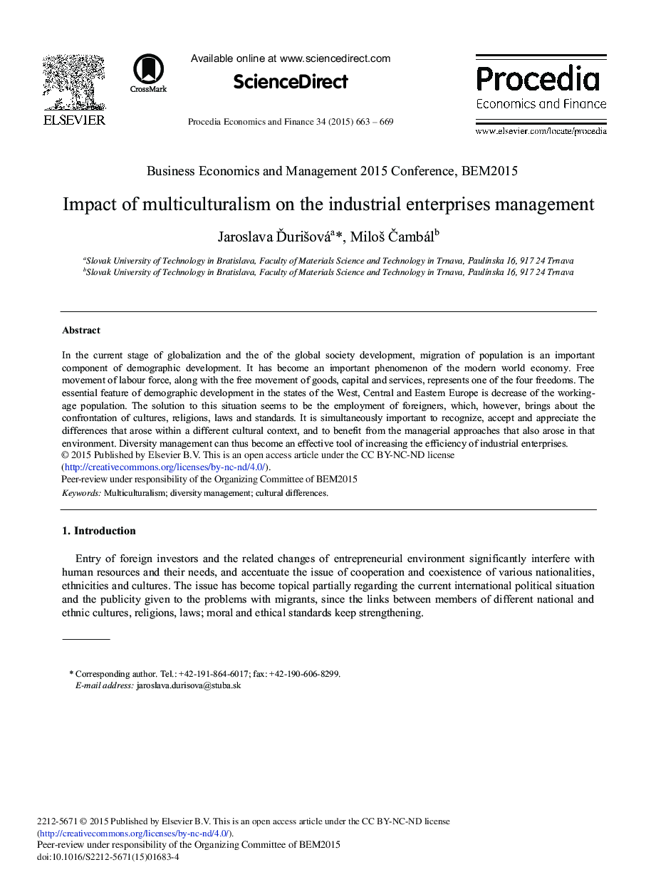 عکس صفحه اول مقاله: Impact of Multiculturalism on the Industrial Enterprises Management Impact of Multiculturalism on the Industrial Enterprises Management