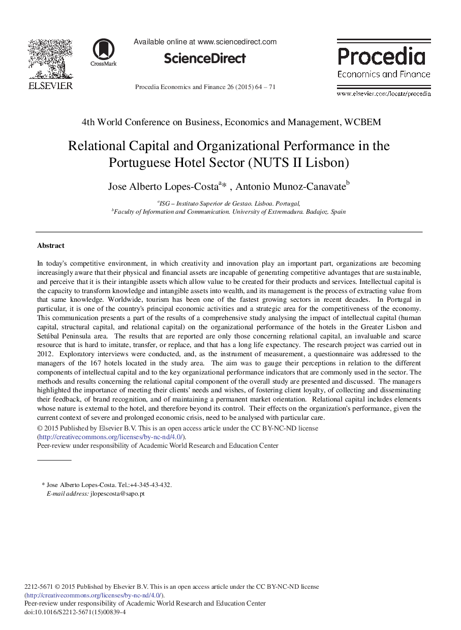 Relational Capital and Organizational Performance in the Portuguese Hotel Sector (NUTS II Lisbon)