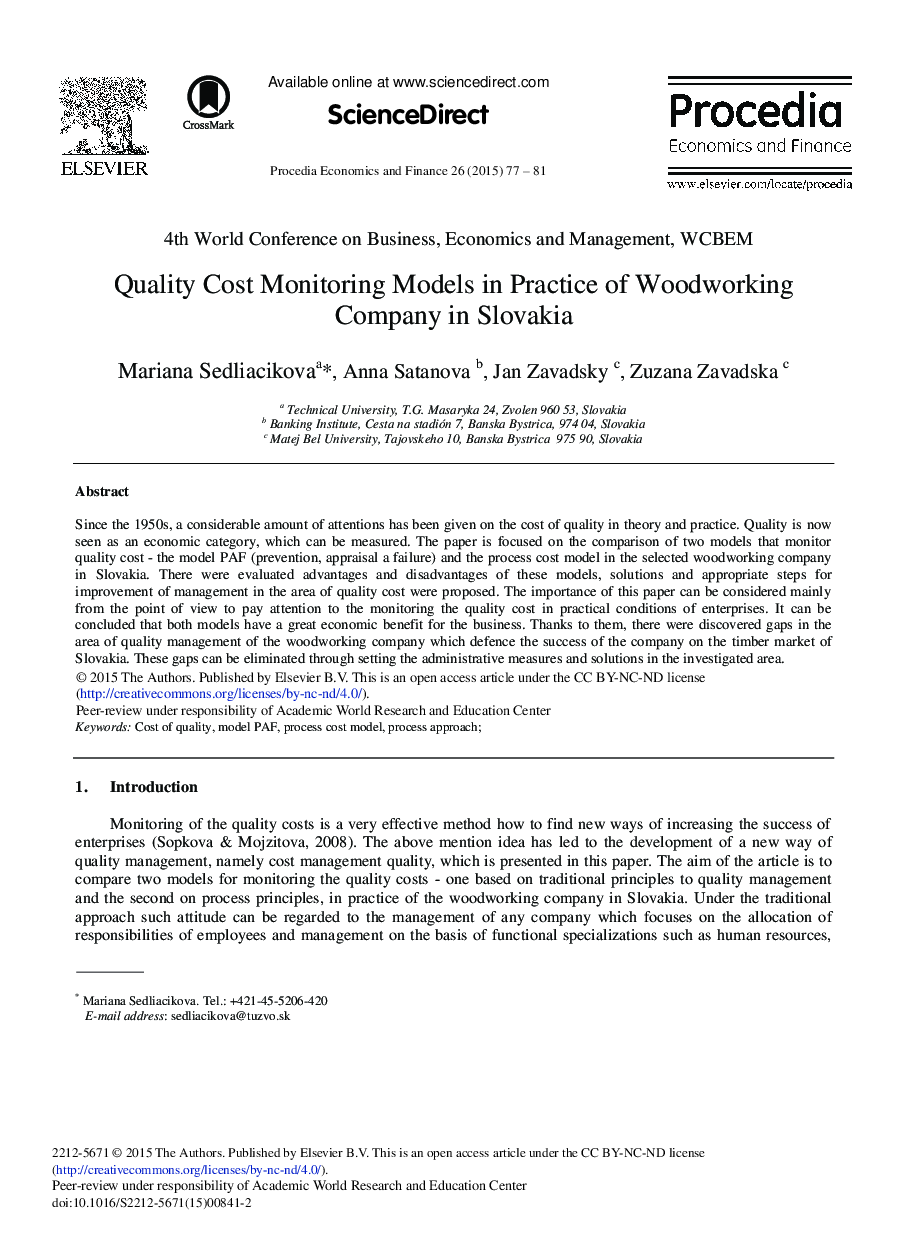 Quality Cost Monitoring Models in Practice of Woodworking Company in Slovakia 