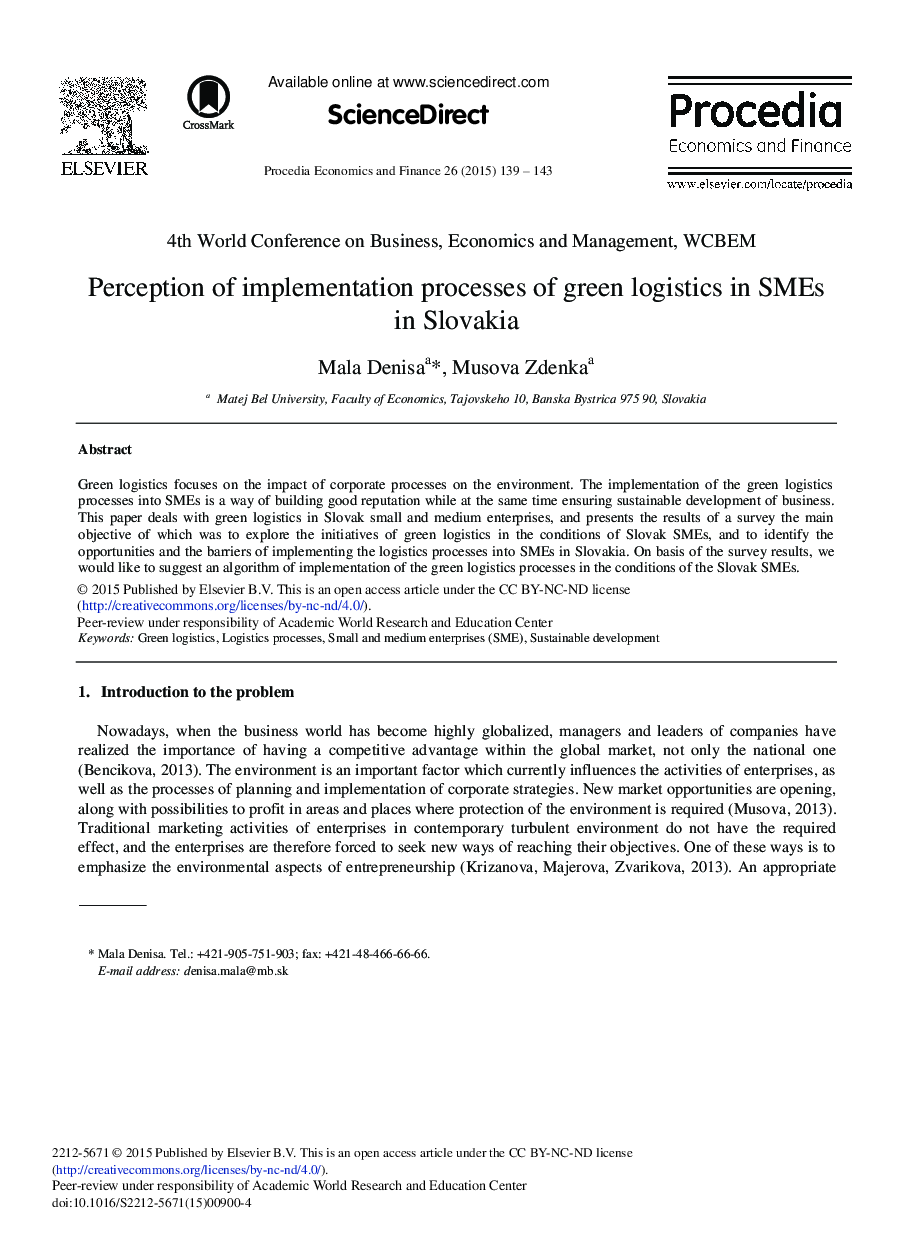 Perception of Implementation Processes of Green Logistics in SMEs in Slovakia 