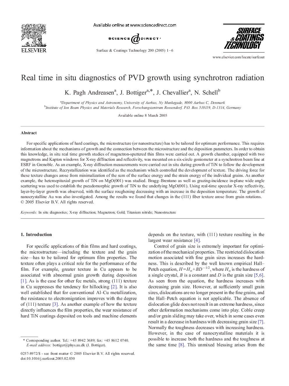 Real time in situ diagnostics of PVD growth using synchrotron radiation