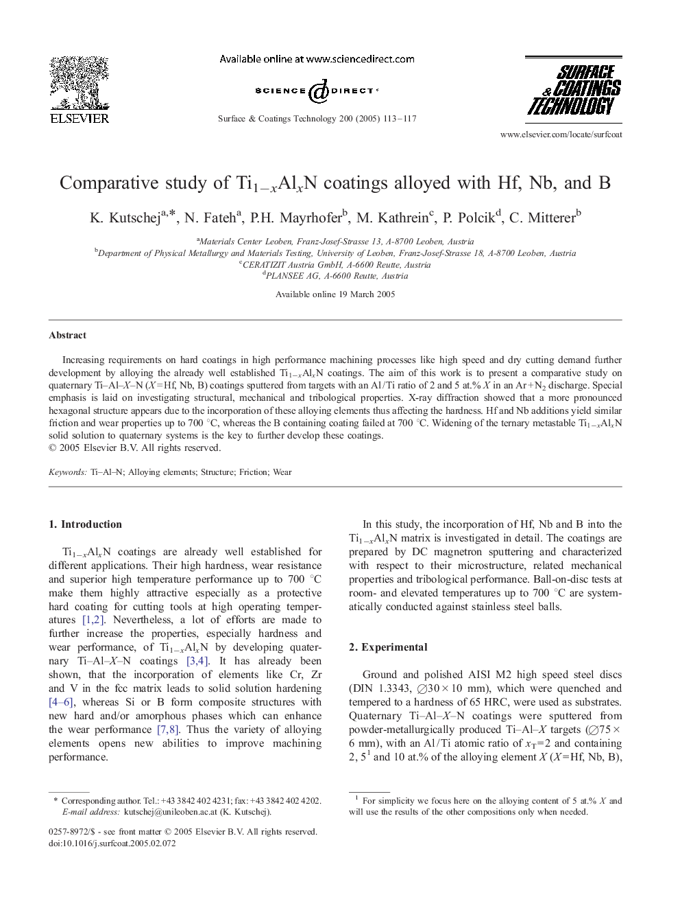 Comparative study of Ti1âxAlxN coatings alloyed with Hf, Nb, and B