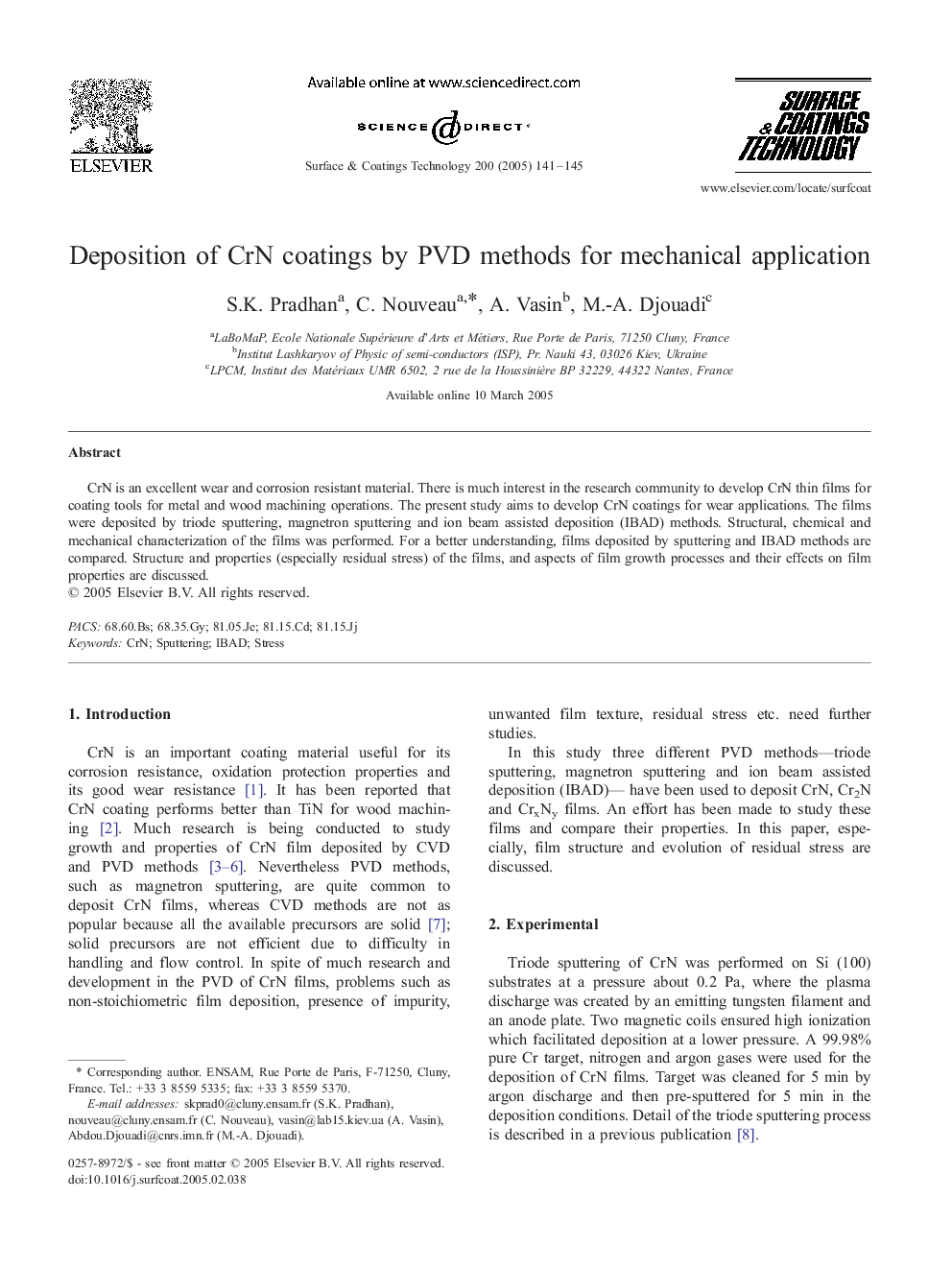 Deposition of CrN coatings by PVD methods for mechanical application